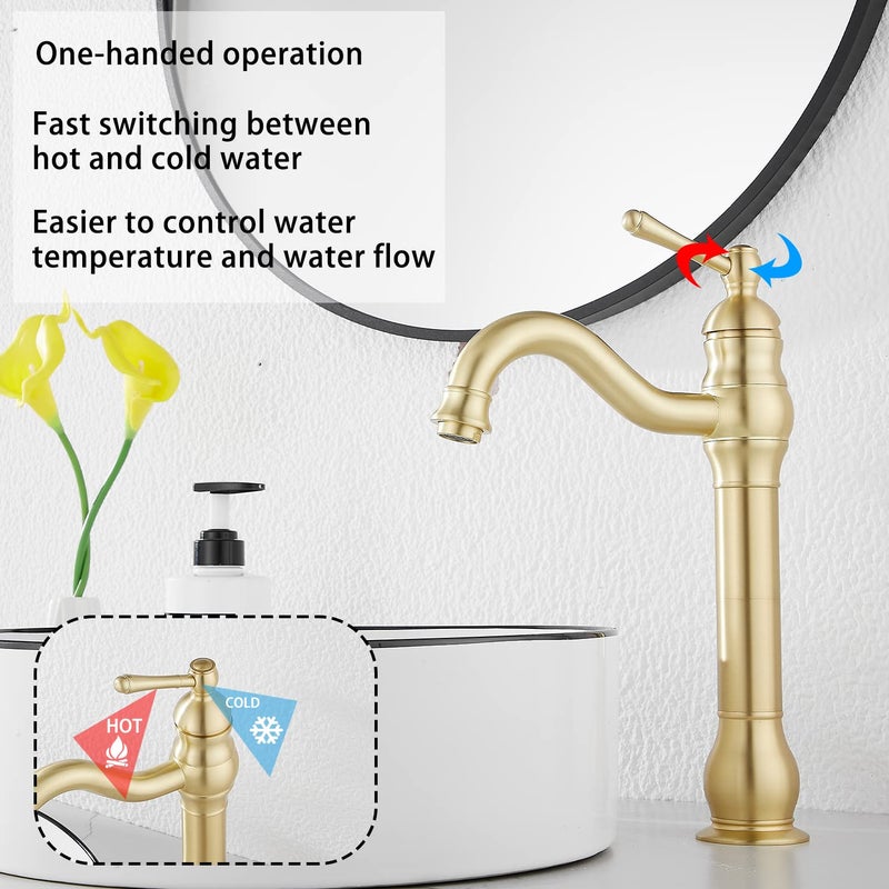 GGStudy 360 Swivel Single-Handle One Hole Vessel Sink Faucet with Matching Pop Up Drain - Brushed Gold Farmhouse Bathroom Vanity Faucet - Image 3